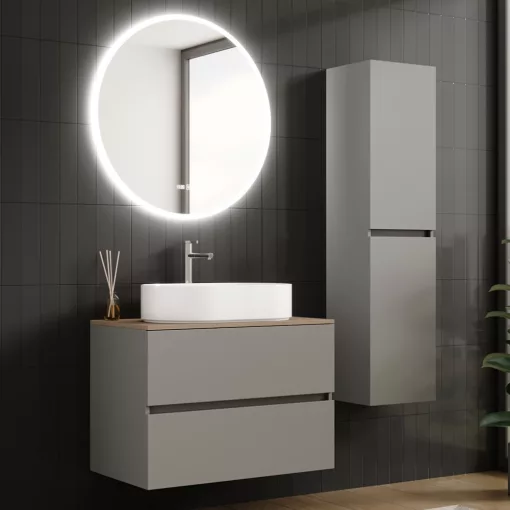 HD Zyra Fume Grey 80 komplett fürdőszoba bútor szett fali mosdószekrénnyel, oak mosdópulttal, tükörrel és magasszekrénnyel