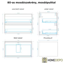 HD Zyra Fume Grey 80 komplett fürdőszoba bútor szett fali mosdószekrénnyel, oak mosdópulttal, tükörrel és magasszekrénnyel