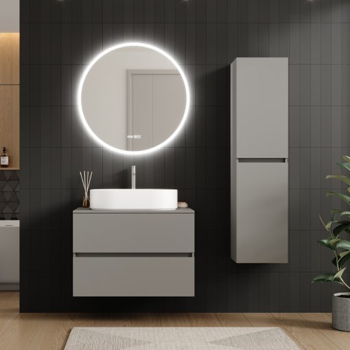 HD Zyra Pro Fume Grey 80 komplett fürdőszoba bútor fali push-to-open mosdószekrénnyel, füst szürke mosdópulttal és tükörrel