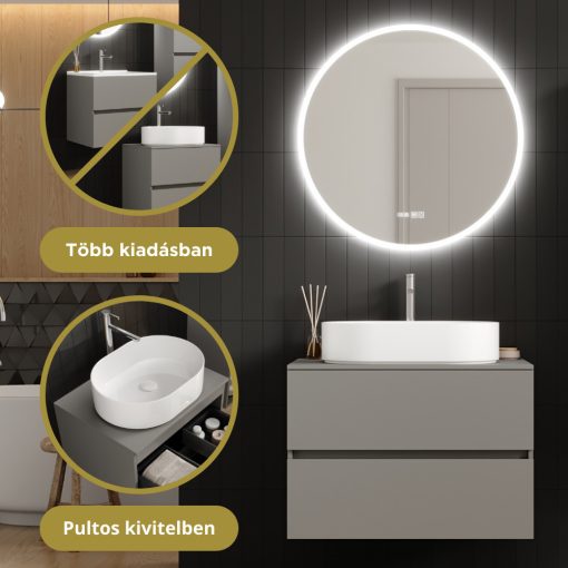 HD Zyra Fume Grey 80 komplett fürdőszoba bútor fali mosdószekrénnyel, füst szürke mosdópulttal és tükörrel