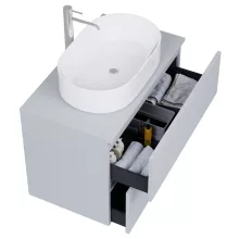 HD Zyra Pro Fume Grey 80 komplett fürdőszoba bútor szett fali push-to-open mosdószekrénnyel, füst szürke mosdópulttal, tükörrel és magasszekrénnyel