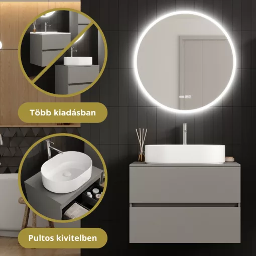 HD Zyra Pro Fume Grey 80 komplett fürdőszoba bútor szett fali push-to-open mosdószekrénnyel, füst szürke mosdópulttal, tükörrel és magasszekrénnyel