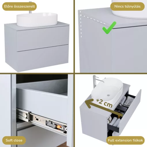 HD Zyra Pro Fume Grey 80 komplett fürdőszoba bútor szett fali push-to-open mosdószekrénnyel, füst szürke mosdópulttal, tükörrel és magasszekrénnyel