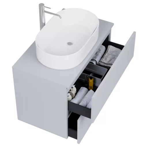 HD Zyra Fume Grey 80 komplett fürdőszoba bútor szett fali mosdószekrénnyel, füst szürke mosdópulttal, tükörrel és magasszekrénnyel