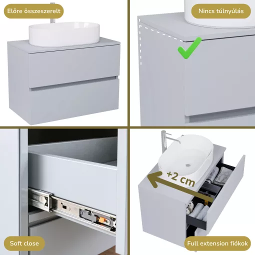 HD Zyra Fume Grey 80 komplett fürdőszoba bútor szett fali mosdószekrénnyel, füst szürke mosdópulttal, tükörrel és magasszekrénnyel