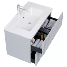 HD Ravello Pro Fume Grey 80 komplett fürdőszoba bútor fali push-to-open mosdószekrénnyel, fényes fehér slim mosdóval és tükörrel