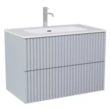 HD Ravello Pro Fume Grey 80 komplett fürdőszoba bútor szett fali push-to-open mosdószekrénnyel, fényes fehér slim mosdóval, tükörrel és magasszekrénnyel