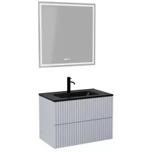 HD Ravello Pro Fume Grey 80 komplett fürdőszoba bútor fali push-to-open mosdószekrénnyel, matt fekete slim mosdóval és tükörrel