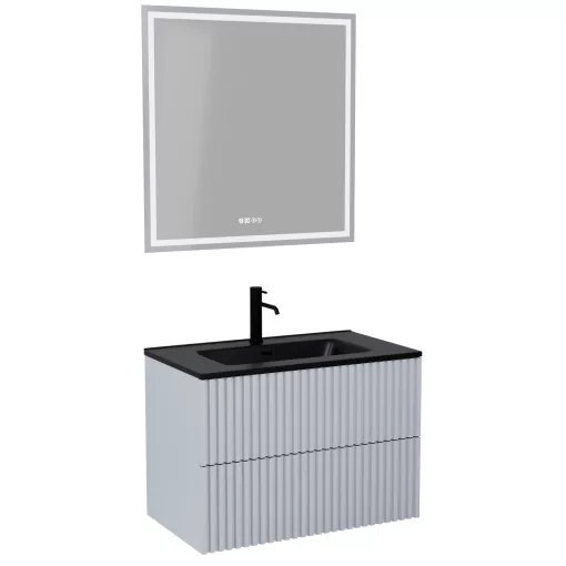 HD Ravello Pro Fume Grey 80 komplett fürdőszoba bútor fali push-to-open mosdószekrénnyel, matt fekete slim mosdóval és tükörrel