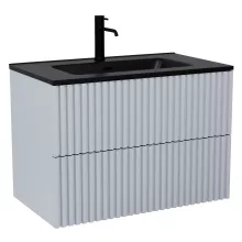 HD Ravello Pro Fume Grey 80 komplett fürdőszoba bútor szett fali push-to-open mosdószekrénnyel, matt fekete slim mosdóval, tükörrel és magasszekrénnyel