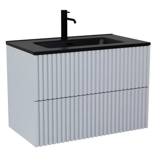 HD Ravello Pro Fume Grey 80 komplett fürdőszoba bútor szett fali push-to-open mosdószekrénnyel, matt fekete slim mosdóval, tükörrel és magasszekrénnyel