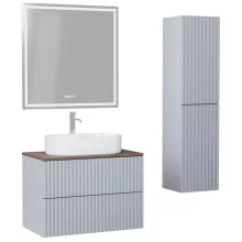 HD Rapallo Pro Fume Grey 80 komplett fürdőszoba bútor szett fali push-to-open mosdószekrénnyel, tölgyfa színű mosdópulttal, tükörrel és magasszekrénnyel