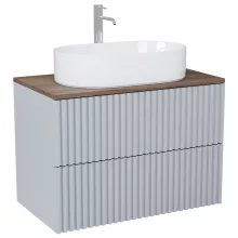 HD Rapallo Pro Fume Grey 80 komplett fürdőszoba bútor szett fali push-to-open mosdószekrénnyel, tölgyfa színű mosdópulttal, tükörrel és magasszekrénnyel