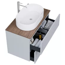 HD Rapallo Pro Fume Grey 80 komplett fürdőszoba bútor szett fali push-to-open mosdószekrénnyel, tölgyfa színű mosdópulttal, tükörrel és magasszekrénnyel