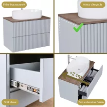 HD Rapallo Pro Fume Grey 80 komplett fürdőszoba bútor szett fali push-to-open mosdószekrénnyel, tölgyfa színű mosdópulttal, tükörrel és magasszekrénnyel