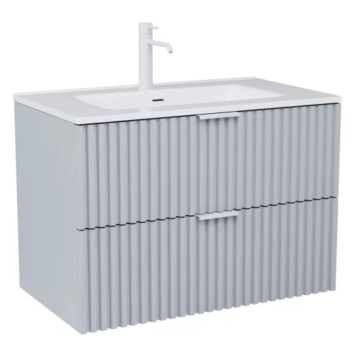HD Ravello Fume Grey 80 komplett fürdőszoba bútor fali mosdószekrénnyel, matt fehér fogantyúkkal, fényes fehér slim mosdóval és tükörrel