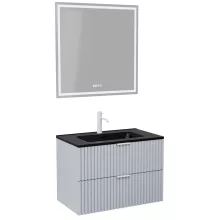 HD Ravello Fume Grey 80 komplett fürdőszoba bútor fali mosdószekrénnyel, matt fehér fogantyúkkal, matt fekete slim mosdóval és tükörrel