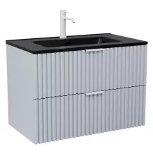 HD Ravello Fume Grey 80 komplett fürdőszoba bútor fali mosdószekrénnyel, matt fehér fogantyúkkal, matt fekete slim mosdóval és tükörrel