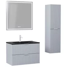 HD Ravello Fume Grey 80 komplett fürdőszoba bútor szett fali mosdószekrénnyel, matt fehér fogantyúkkal, matt fekete slim mosdóval, tükörrel és magasszekrénnyel