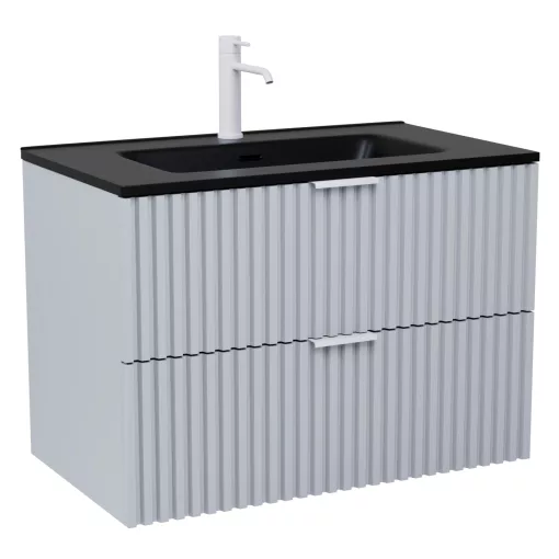 HD Ravello Fume Grey 80 komplett fürdőszoba bútor szett fali mosdószekrénnyel, matt fehér fogantyúkkal, matt fekete slim mosdóval, tükörrel és magasszekrénnyel