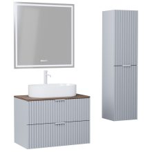 HD Rapallo Fume Grey 80 komplett fürdőszoba bútor szett fali mosdószekrénnyel, matt fehér fogantyúval, tölgyfa színű mosdópulttal, tükörrel és magasszekrénnyel