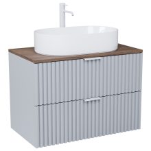 HD Rapallo Fume Grey 80 komplett fürdőszoba bútor szett fali mosdószekrénnyel, matt fehér fogantyúval, tölgyfa színű mosdópulttal, tükörrel és magasszekrénnyel