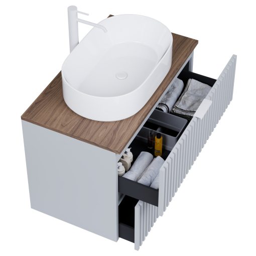 HD Rapallo Fume Grey 80 komplett fürdőszoba bútor szett fali mosdószekrénnyel, matt fehér fogantyúval, tölgyfa színű mosdópulttal, tükörrel és magasszekrénnyel