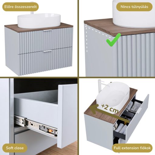 HD Rapallo Fume Grey 80 komplett fürdőszoba bútor szett fali mosdószekrénnyel, matt fehér fogantyúval, tölgyfa színű mosdópulttal, tükörrel és magasszekrénnyel