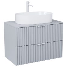 HD Rapallo Fume Grey 80 komplett fürdőszoba bútor szett fali mosdószekrénnyel, matt fehér fogantyúval, szürke mosdópulttal, tükörrel és magasszekrénnyel