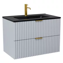 HD Ravello Fume Grey 80 komplett fürdőszoba bútor fali mosdószekrénnyel, szálcsiszolt arany fogantyúkkal, matt fekete slim mosdóval és tükörrel