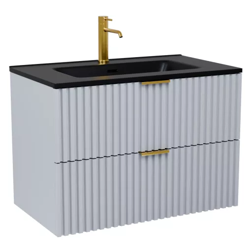 HD Ravello Fume Grey 80 komplett fürdőszoba bútor szett fali mosdószekrénnyel, szálcsiszolt arany fogantyúkkal, matt fekete slim mosdóval, tükörrel és magasszekrénnyel