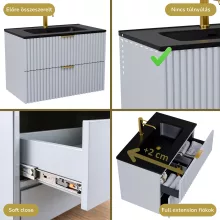 HD Ravello Fume Grey 80 komplett fürdőszoba bútor szett fali mosdószekrénnyel, szálcsiszolt arany fogantyúkkal, matt fekete slim mosdóval, tükörrel és magasszekrénnyel