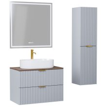 HD Rapallo Fume Grey 80 komplett fürdőszoba bútor szett fali mosdószekrénnyel, szálcsiszolt arany fogantyúval, tölgyfa színű mosdópulttal, tükörrel és magasszekrénnyel