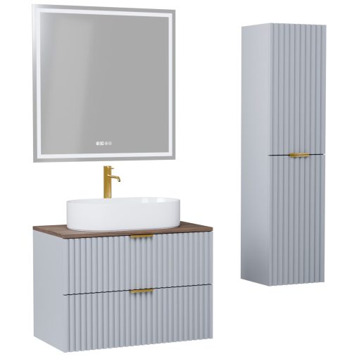 HD Rapallo Fume Grey 80 komplett fürdőszoba bútor szett fali mosdószekrénnyel, szálcsiszolt arany fogantyúval, tölgyfa színű mosdópulttal, tükörrel és magasszekrénnyel