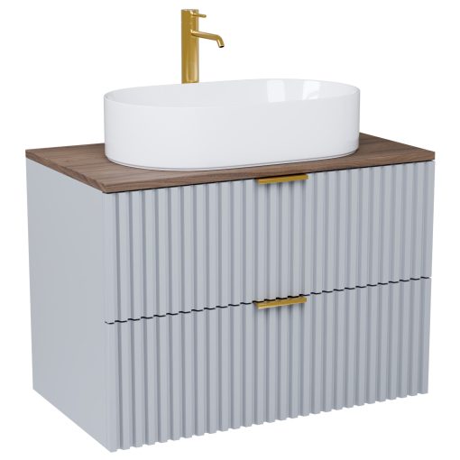 HD Rapallo Fume Grey 80 komplett fürdőszoba bútor szett fali mosdószekrénnyel, szálcsiszolt arany fogantyúval, tölgyfa színű mosdópulttal, tükörrel és magasszekrénnyel