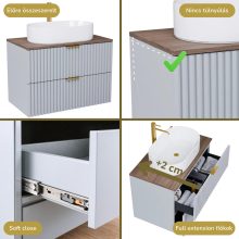 HD Rapallo Fume Grey 80 komplett fürdőszoba bútor szett fali mosdószekrénnyel, szálcsiszolt arany fogantyúval, tölgyfa színű mosdópulttal, tükörrel és magasszekrénnyel