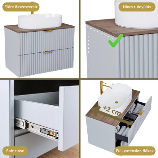 HD Rapallo Fume Grey 80 komplett fürdőszoba bútor szett fali mosdószekrénnyel, szálcsiszolt arany fogantyúval, tölgyfa színű mosdópulttal, tükörrel és magasszekrénnyel