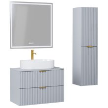 HD Rapallo Fume Grey 80 komplett fürdőszoba bútor szett fali mosdószekrénnyel, szálcsiszolt arany fogantyúval, szürke mosdópulttal, tükörrel és magasszekrénnyel