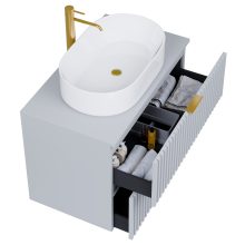 HD Rapallo Fume Grey 80 komplett fürdőszoba bútor szett fali mosdószekrénnyel, szálcsiszolt arany fogantyúval, szürke mosdópulttal, tükörrel és magasszekrénnyel