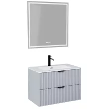 HD Ravello Fume Grey 80 komplett fürdőszoba bútor fali mosdószekrénnyel, matt fekete fogantyúkkal, fényes fehér slim mosdóval és tükörrel