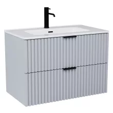 HD Ravello Fume Grey 80 komplett fürdőszoba bútor szett fali mosdószekrénnyel, matt fekete fogantyúkkal, fényes fehér slim mosdóval, tükörrel és magasszekrénnyel