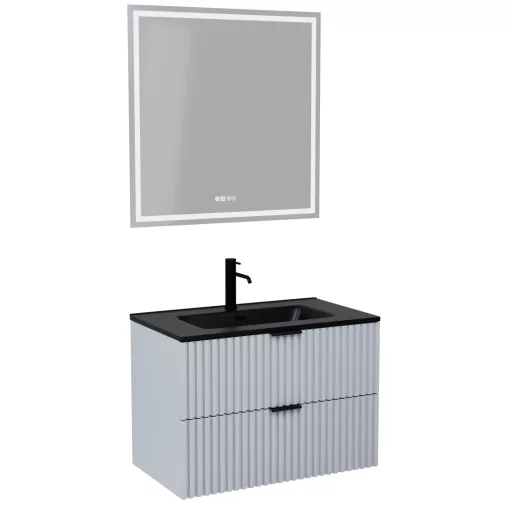 HD Ravello Fume Grey 80 komplett fürdőszoba bútor fali mosdószekrénnyel, matt fekete fogantyúkkal, matt fekete slim mosdóval és tükörrel