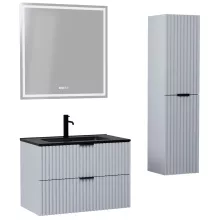 HD Ravello Fume Grey 80 komplett fürdőszoba bútor szett fali mosdószekrénnyel, matt fekete fogantyúkkal, matt fekete slim mosdóval, tükörrel és magasszekrénnyel