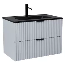 HD Ravello Fume Grey 80 komplett fürdőszoba bútor szett fali mosdószekrénnyel, matt fekete fogantyúkkal, matt fekete slim mosdóval, tükörrel és magasszekrénnyel