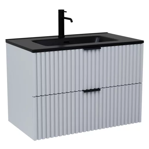 HD Ravello Fume Grey 80 komplett fürdőszoba bútor szett fali mosdószekrénnyel, matt fekete fogantyúkkal, matt fekete slim mosdóval, tükörrel és magasszekrénnyel