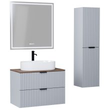 HD Rapallo Fume Grey 80 komplett fürdőszoba bútor szett fali mosdószekrénnyel, matt fekete fogantyúval, tölgyfa színű mosdópulttal, tükörrel és magasszekrénnyel