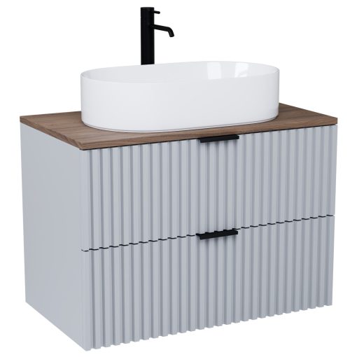 HD Rapallo Fume Grey 80 komplett fürdőszoba bútor szett fali mosdószekrénnyel, matt fekete fogantyúval, tölgyfa színű mosdópulttal, tükörrel és magasszekrénnyel