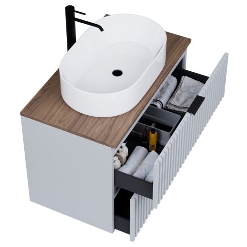 HD Rapallo Fume Grey 80 komplett fürdőszoba bútor szett fali mosdószekrénnyel, matt fekete fogantyúval, tölgyfa színű mosdópulttal, tükörrel és magasszekrénnyel