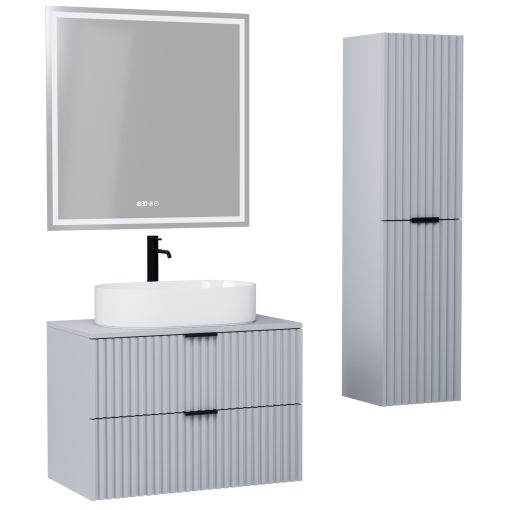 HD Rapallo Fume Grey 80 komplett fürdőszoba bútor szett fali mosdószekrénnyel, matt fekete fogantyúval, szürke mosdópulttal, tükörrel és magasszekrénnyel