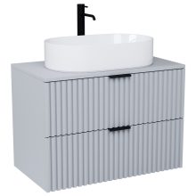 HD Rapallo Fume Grey 80 komplett fürdőszoba bútor szett fali mosdószekrénnyel, matt fekete fogantyúval, szürke mosdópulttal, tükörrel és magasszekrénnyel